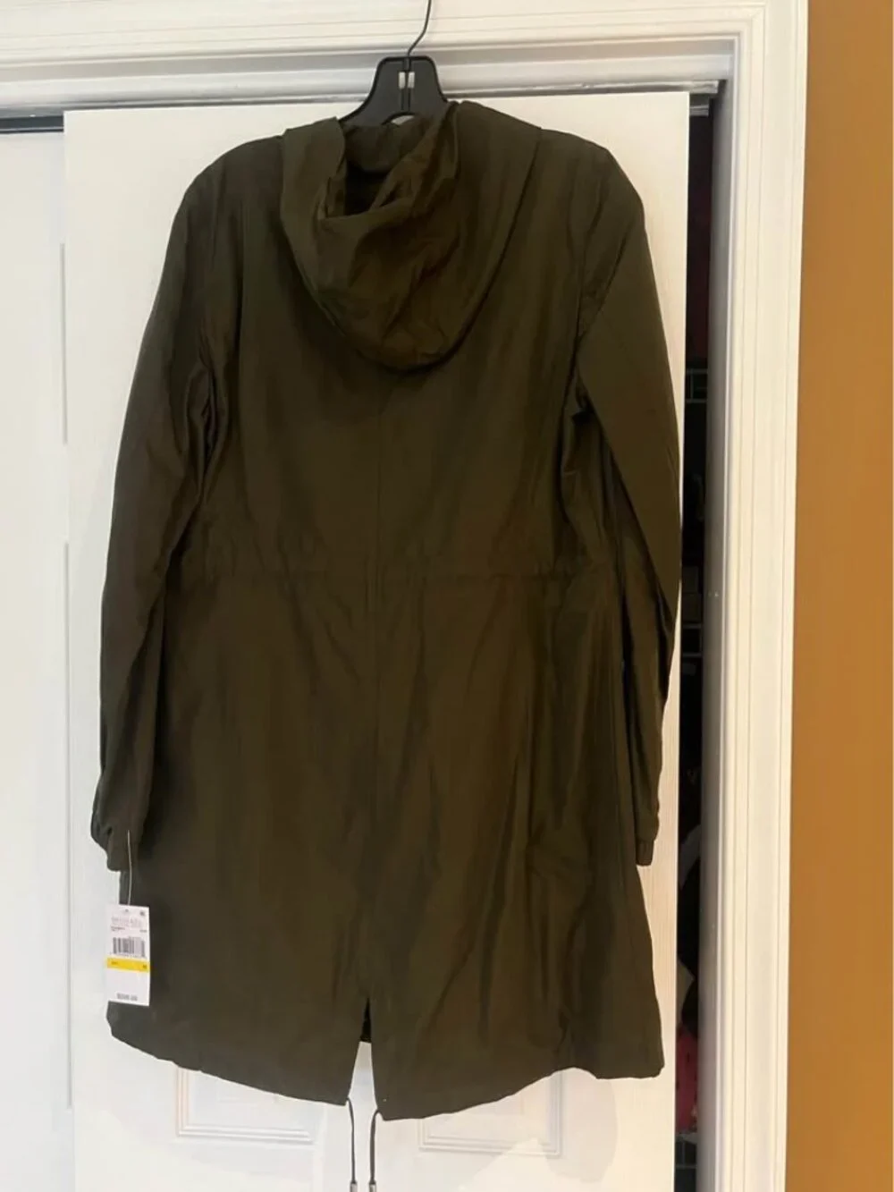Michael Kors hooded jacket olive green silver buttons cinch waist